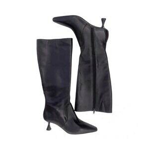 NWOB Alex Marie Sleek Black Kitten Heeled Boots Croc Leather Stripe Size 6